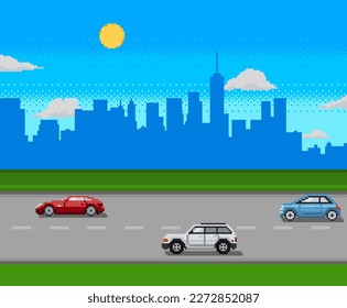 Estilo de caricatura de píxel plano de calles de paisajes urbanos con coches, edificios de oficinas de la ciudad en horizonte. Arte de píxeles de 8 bits. Autos en la carretera. Ilustración vectorial.