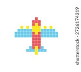 A flat pixel design made of geometric square color blocks on a clean icon layout. Suitable for creative modern elements, isolated items, or bright craft projects. Pixel art aircraft