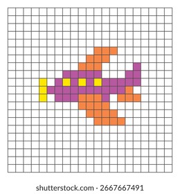 A flat pixel design made of geometric square color blocks on a clean grid layout. Suitable for educational game elements, icons, or craft patterns. Pixel art aircraft
