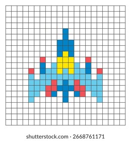 A flat pixel design made of geometric square color blocks on a clean grid layout. Suitable for educational game elements, icons, or craft patterns. Pixel art spacecraft