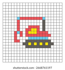 A flat pixel design made of geometric square color blocks on a clean grid layout. Suitable for educational game elements, icons, or craft patterns. Pixel art grapple excavator