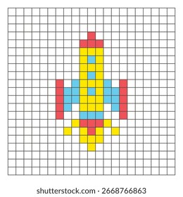 A flat pixel design made of geometric square color blocks on a clean grid layout. Suitable for educational game elements, icons, or craft patterns. Pixel art rocket