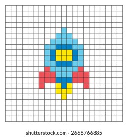 A flat pixel design made of geometric square color blocks on a clean grid layout. Suitable for educational game elements, icons, or craft patterns. Pixel art rocket