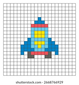 Un diseño de píxeles planos hecho de bloques geométricos de color cuadrado en un diseño de cuadrícula limpia. Adecuado para Elementos de juegos educativos, iconos o patrones de artesanía. Cohete de arte de píxeles
