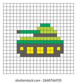 Ein flaches Pixeldesign aus geometrischen quadratischen Farbblöcken auf einem sauberen Rasterlayout. Geeignet für Unterrichtsspielelemente, Symbole oder Handwerksmuster. Pixel-Kunsttank
