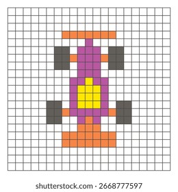 A flat pixel design made of geometric square color blocks on a clean grid layout. Suitable for educational game elements, icons, or craft patterns. Pixel art race car