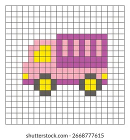 A flat pixel design made of geometric square color blocks on a clean grid layout. Suitable for educational game elements, icons, or craft patterns. Pixel art cargo truck