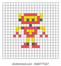 Un diseño de píxeles planos hecho de bloques geométricos de color cuadrado en un diseño de cuadrícula limpia. Adecuado para Elementos de juegos educativos, iconos o patrones de artesanía. Robot de arte de píxeles