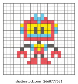 A flat pixel design made of geometric square color blocks on a clean grid layout. Suitable for educational game elements, icons, or craft patterns. Pixel art robot
