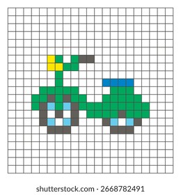 A flat pixel design made of geometric square color blocks on a clean grid layout. Suitable for educational game elements, icons, or craft patterns. Pixel art scooter