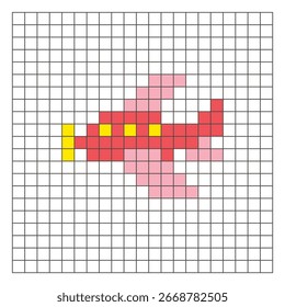 Ein flaches Pixeldesign aus geometrischen quadratischen Farbblöcken auf einem sauberen Rasterlayout. Geeignet für Unterrichtsspielelemente, Symbole oder Handwerksmuster. Pixel-Art-Flugzeug