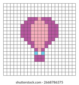 Um design de pixel plano feito de blocos de cores quadradas geométricas em um layout de grade limpo. Adequado para elementos de jogo educativos, ícones ou padrões de artesanato. Balão de ar quente Pixel art