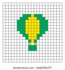 Um design de pixel plano feito de blocos de cores quadradas geométricas em um layout de grade limpo. Adequado para elementos de jogo educativos, ícones ou padrões de artesanato. Balão de ar quente Pixel art