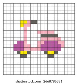A flat pixel design made of geometric square color blocks on a clean grid layout. Suitable for educational game elements, icons, or craft patterns. Pixel art scooter