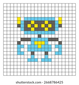 Un diseño de píxeles planos hecho de bloques geométricos de color cuadrado en un diseño de cuadrícula limpia. Adecuado para Elementos de juegos educativos, iconos o patrones de artesanía. Robot de arte de píxeles