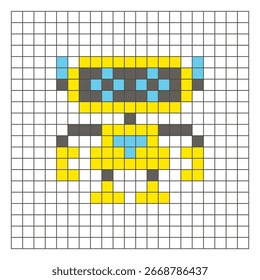 Um design de pixel plano feito de blocos de cores quadradas geométricas em um layout de grade limpo. Adequado para elementos de jogo educativos, ícones ou padrões de artesanato. Robô Pixel Art