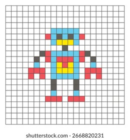 A flat pixel design made of geometric square color blocks on a clean grid layout. Suitable for educational game elements, icons, or craft patterns. Pixel art robot