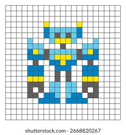 A flat pixel design made of geometric square color blocks on a clean grid layout. Suitable for educational game elements, icons, or craft patterns. Pixel art robot