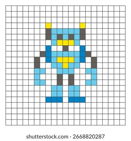 Un diseño de píxeles planos hecho de bloques geométricos de color cuadrado en un diseño de cuadrícula limpia. Adecuado para Elementos de juegos educativos, iconos o patrones de artesanía. Robot de arte de píxeles