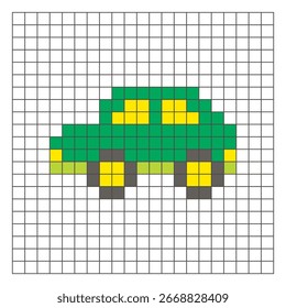 Um design de pixel plano feito de blocos de cores quadradas geométricas em um layout de grade limpo. Adequado para elementos de jogo educativos, ícones ou padrões de artesanato. Carro de arte Pixel