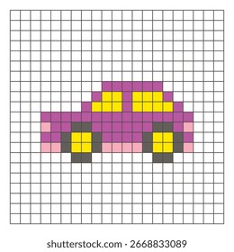 Un diseño de píxeles planos hecho de bloques geométricos de color cuadrado en un diseño de cuadrícula limpia. Adecuado para Elementos de juegos educativos, iconos o patrones de artesanía. Coche de arte del pixel