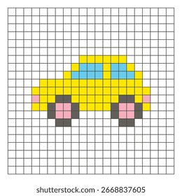 A flat pixel design made of geometric square color blocks on a clean grid layout. Suitable for educational game elements, icons, or craft patterns. Pixel art car