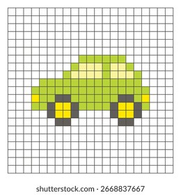 Um design de pixel plano feito de blocos de cores quadradas geométricas em um layout de grade limpo. Adequado para elementos de jogo educativos, ícones ou padrões de artesanato. Carro de arte Pixel
