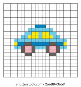 Un diseño de píxeles planos hecho de bloques geométricos de color cuadrado en un diseño de cuadrícula limpia. Adecuado para Elementos de juegos educativos, iconos o patrones de artesanía. Pixel art taxi