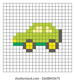 Un diseño de píxeles planos hecho de bloques geométricos de color cuadrado en un diseño de cuadrícula limpia. Adecuado para Elementos de juegos educativos, iconos o patrones de artesanía. Coche de arte del pixel