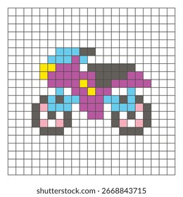 A flat pixel design made of geometric square color blocks on a clean grid layout. Suitable for educational game elements, icons, or craft patterns. Pixel art motorcycle
