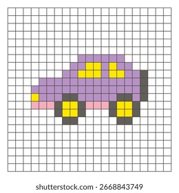 A flat pixel design made of geometric square color blocks on a clean grid layout. Suitable for educational game elements, icons, or craft patterns. Pixel art car