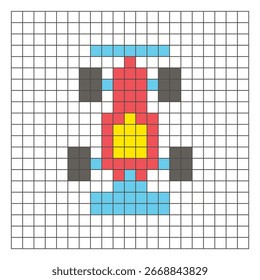 Um design de pixel plano feito de blocos de cores quadradas geométricas em um layout de grade limpo. Adequado para elementos de jogo educativos, ícones ou padrões de artesanato. Pixel art carro de corrida