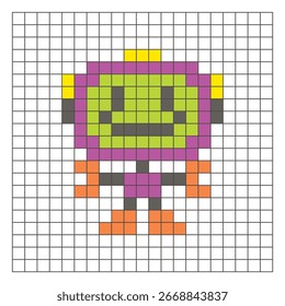 Un diseño de píxeles planos hecho de bloques geométricos de color cuadrado en un diseño de cuadrícula limpia. Adecuado para Elementos de juegos educativos, iconos o patrones de artesanía. Robot de arte de píxeles