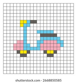 Um design de pixel plano feito de blocos de cores quadradas geométricas em um layout de grade limpo. Adequado para elementos de jogo educativos, ícones ou padrões de artesanato. Pixel arte scooter
