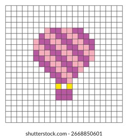 A flat pixel design made of geometric square color blocks on a clean grid layout. Suitable for educational game elements, icons, or craft patterns. Pixel art hot air balloon