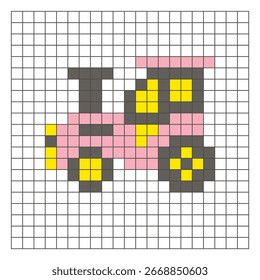 Um design de pixel plano feito de blocos de cores quadradas geométricas em um layout de grade limpo. Adequado para elementos de jogo educativos, ícones ou padrões de artesanato. Trator artístico de pixel