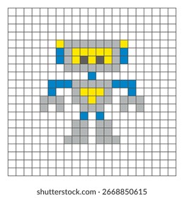 A flat pixel design made of geometric square color blocks on a clean grid layout. Suitable for educational game elements, icons, or craft patterns. Pixel art robot