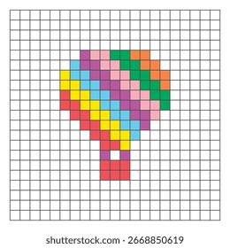 A flat pixel design made of geometric square color blocks on a clean grid layout. Suitable for educational game elements, icons, or craft patterns. Pixel art colorful hot air balloon