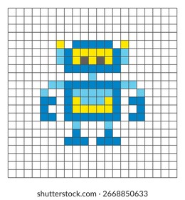 A flat pixel design made of geometric square color blocks on a clean grid layout. Suitable for educational game elements, icons, or craft patterns. Pixel art robot