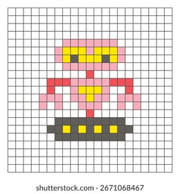 A flat pixel design made of geometric square color blocks on a clean grid layout. Suitable for educational game elements, icons, or craft patterns. Pixel art robot