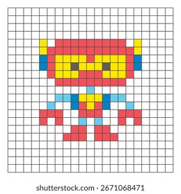 A flat pixel design made of geometric square color blocks on a clean grid layout. Suitable for educational game elements, icons, or craft patterns. Pixel art robot