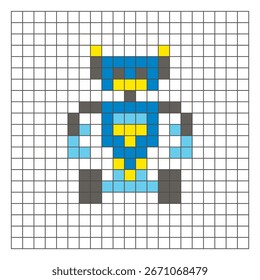Um design de pixel plano feito de blocos de cores quadradas geométricas em um layout de grade limpo. Adequado para elementos de jogo educativos, ícones ou padrões de artesanato. Robô Pixel Art