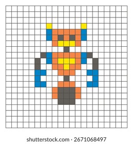 A flat pixel design made of geometric square color blocks on a clean grid layout. Suitable for educational game elements, icons, or craft patterns. Pixel art robot