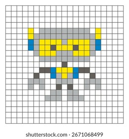 Un diseño de píxeles planos hecho de bloques geométricos de color cuadrado en un diseño de cuadrícula limpia. Adecuado para Elementos de juegos educativos, iconos o patrones de artesanía. Robot de arte de píxeles
