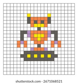 Un diseño de píxeles planos hecho de bloques geométricos de color cuadrado en un diseño de cuadrícula limpia. Adecuado para Elementos de juegos educativos, iconos o patrones de artesanía. Robot de arte de píxeles