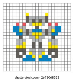 A flat pixel design made of geometric square color blocks on a clean grid layout. Suitable for educational game elements, icons, or craft patterns. Pixel art robot