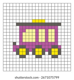 A flat pixel design made of geometric square color blocks on a clean grid layout. Suitable for educational game elements, icons, or craft patterns. Pixel art train car
