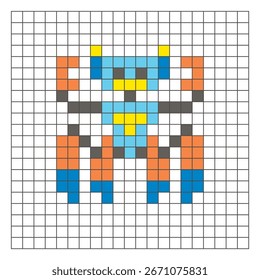 A flat pixel design made of geometric square color blocks on a clean grid layout. Suitable for educational game elements, icons, or craft patterns. Pixel art robot