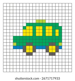 A flat pixel design made of geometric square color blocks on a clean grid layout. Suitable for educational game elements, icons, or craft patterns. Pixel art minibus