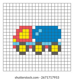 Um design de pixel plano feito de blocos de cores quadradas geométricas em um layout de grade limpo. Adequado para elementos de jogo educativos, ícones ou padrões de artesanato. Caminhão-tanque Pixel art